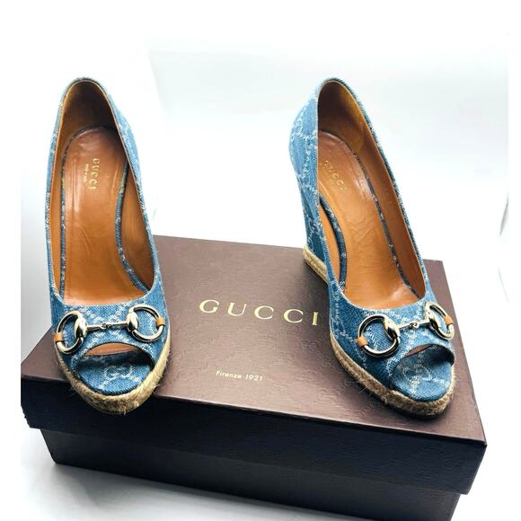 GUCCI CLASSIC BLUE DENIM MONOGRAM HORSEBIT ESPADRILLE WEDGES 37 - Picture 6 of 15